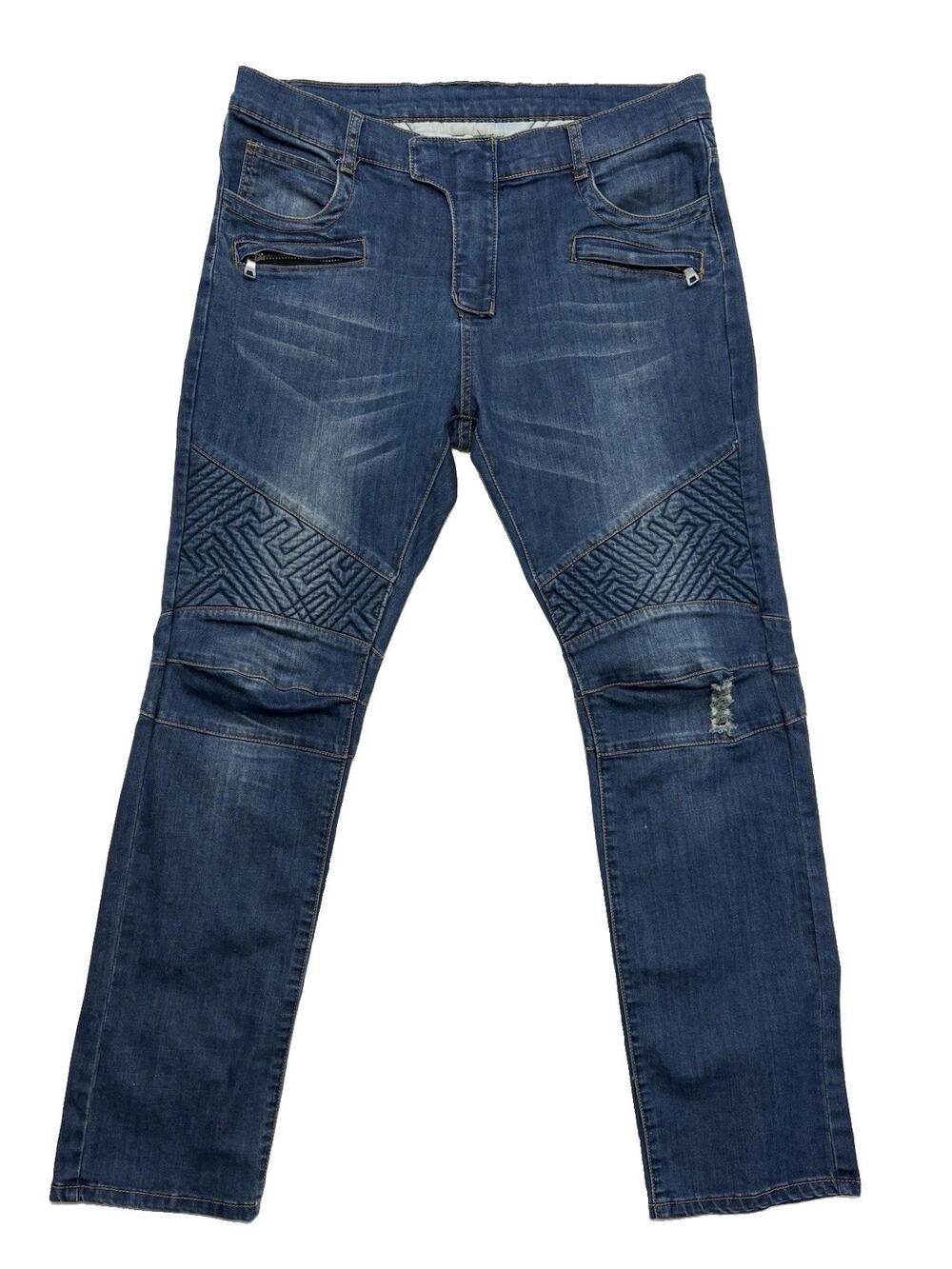 Balmain Paris Men’s 34 Distressed Biker Moto Jeans Rare Geometric Ribbing Italy